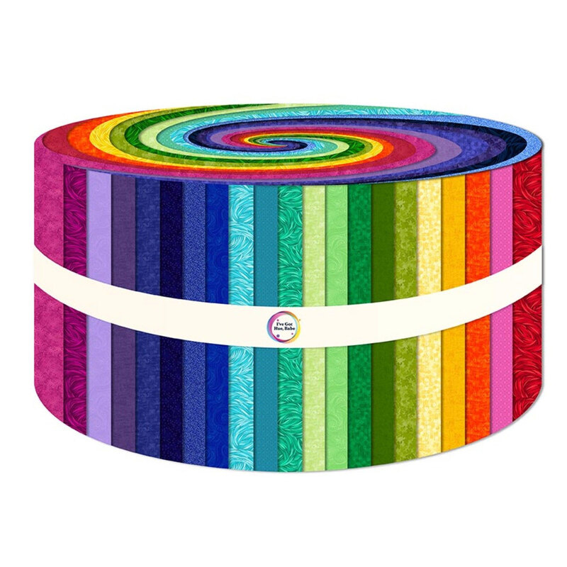 Rolled bundle of fabric strips in various vibrant colors, tied with a white band in the center.