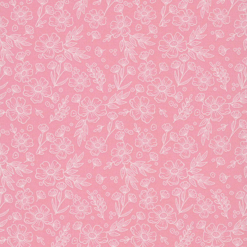 A dense pattern of cream floral and leafy outlines on a rose pink background