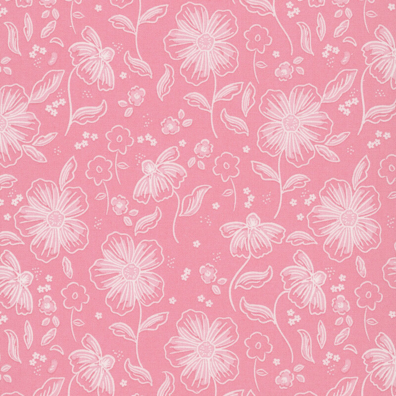 Rose pink fabric with a stylized pattern of cream, lightly shaded blossoms and small floral outlines