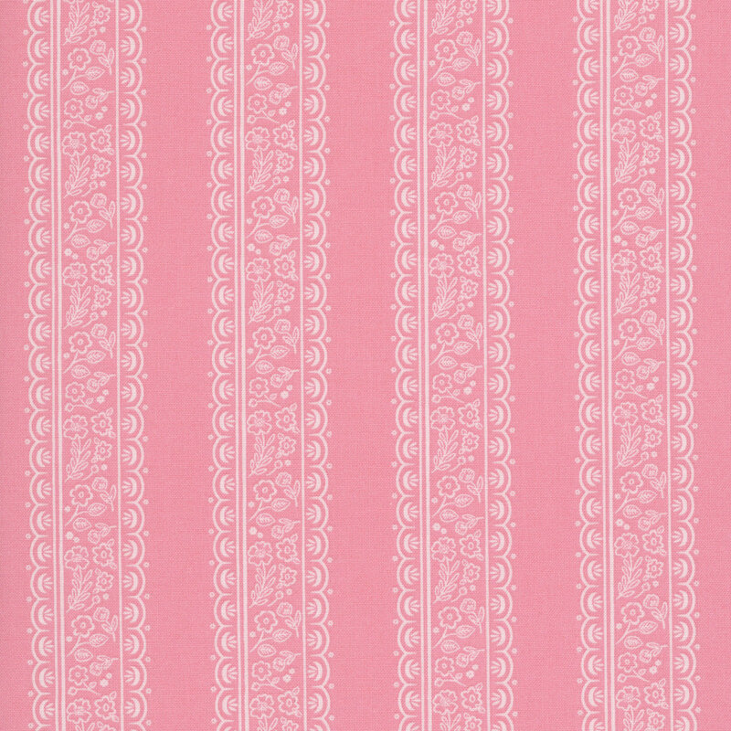 Lacy cream stripes with small floral outlines on a dark rose pink background