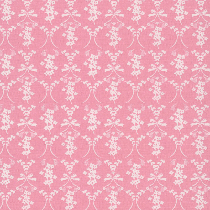 A delicate pattern of cream bows, floral sprigs, and leafy garlands on a rose pink background