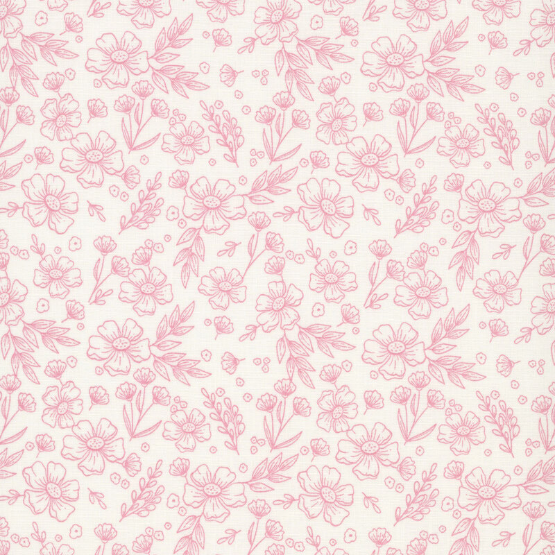 A dense pattern of pink floral and leafy outlines on a cream background