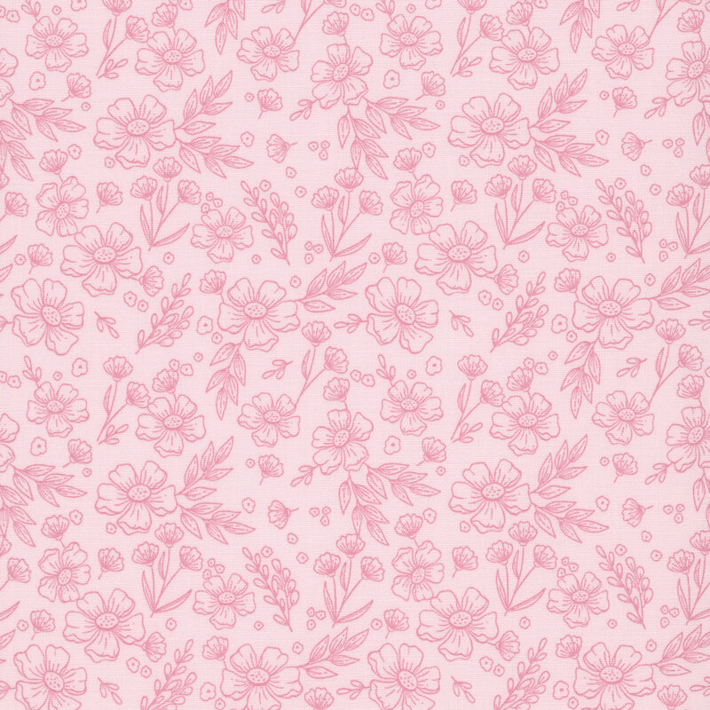 A dense pattern of rose pink floral and leafy outlines on a blush pink background