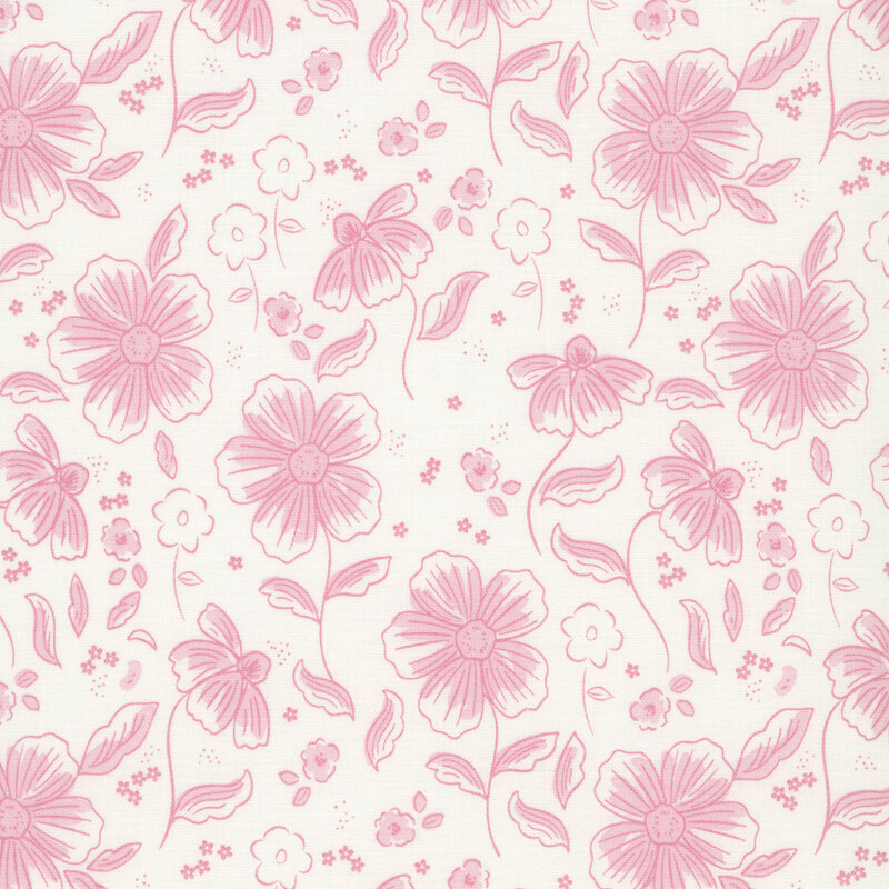 Cream fabric with a stylized pattern of pink, lightly shaded blossoms and small floral outlines