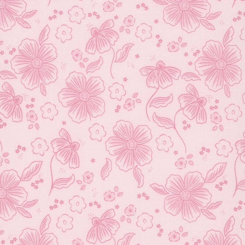 Blush pink fabric with a stylized pattern of pink, lightly shaded blossoms and small floral outlines