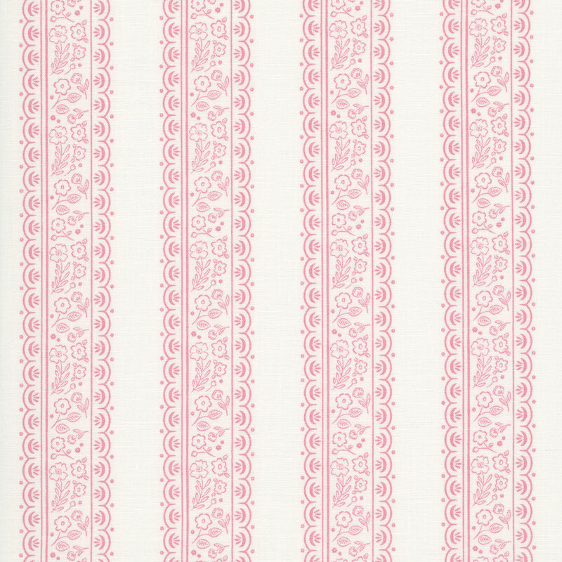 Lacy rose pink stripes with small floral outlines on a cream background
