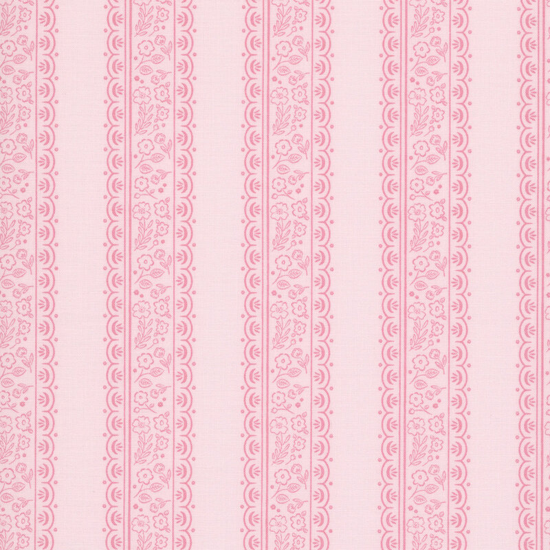 Lacy rose pink stripes with small floral outlines on a blush pink background