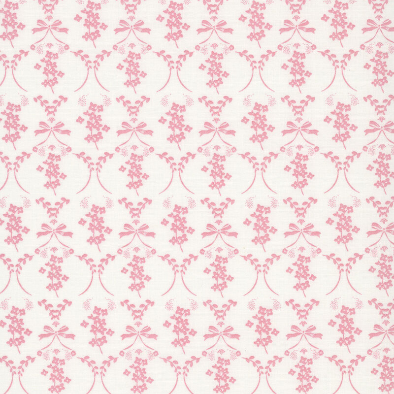 A delicate pattern of pink bows, floral sprigs, and leafy garlands on a cream background