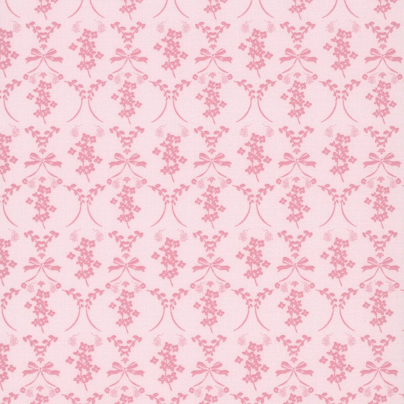 A delicate pattern of pink bows, floral sprigs, and leafy garlands on a blush pink background