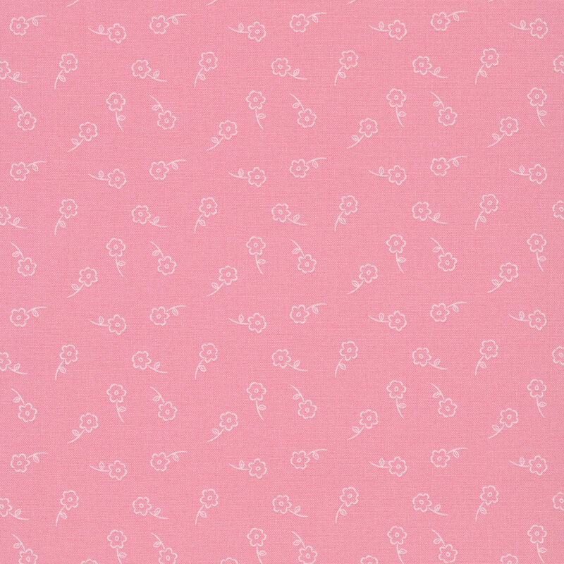 Tossed cream floral outlines on a rose pink background.