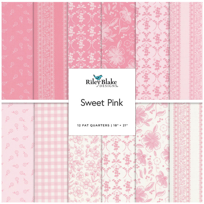A collage of fabrics in the Sweet Pink collection, in shades of pink and cream featuring shabby florals and lacy designs.