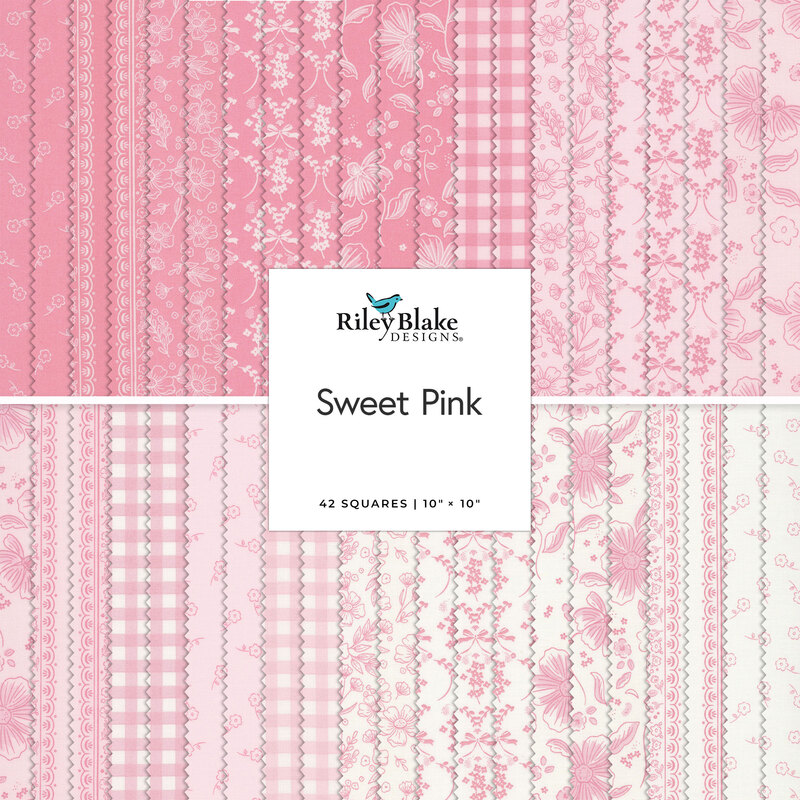 A squared collage of fabrics in the Sweet Pink collection, in shades of pink and cream featuring shabby florals and lacy designs.
