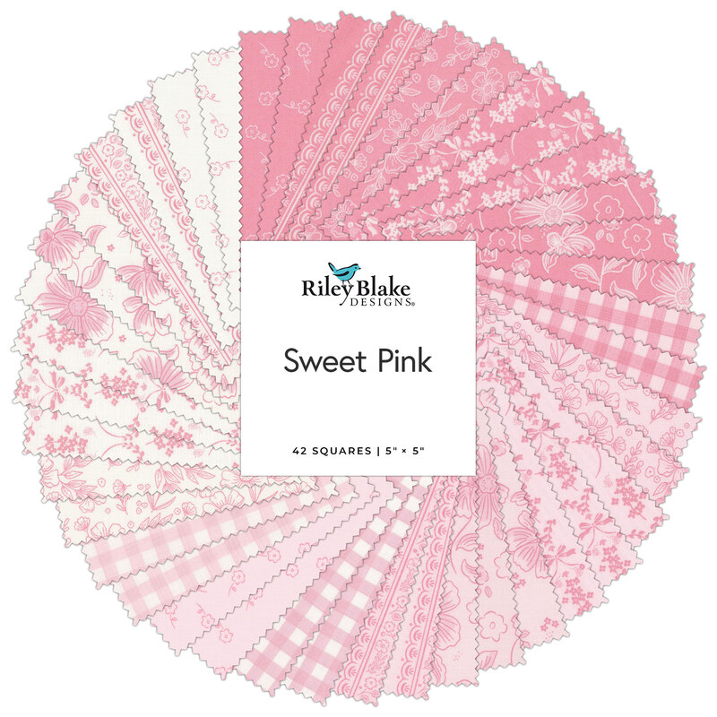 A circular collage of fabrics in the Sweet Pink collection, in shades of pink and cream featuring shabby florals and lacy designs.