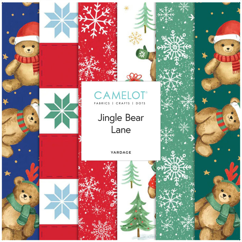 Collage of fabrics from the Jingle Bear Lane collection featuring snowflake and teddy bear prints in hues of red, green, white, and blue