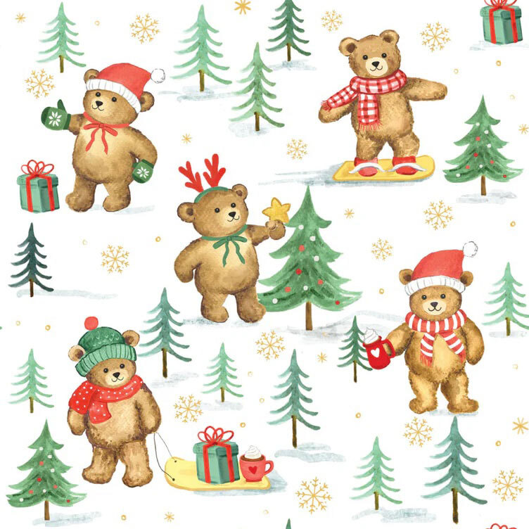 Various holiday/winter scenes of teddy bears out in the snowy woods on a white background. 