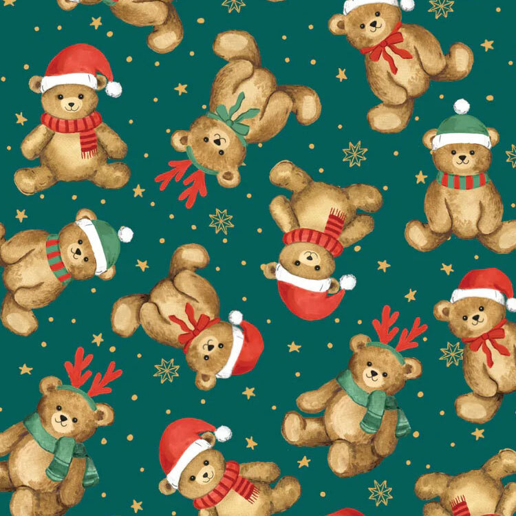 A dark teal green fabric featuring seasonally dressed teddy bears with dots, stars, and snowflakes.