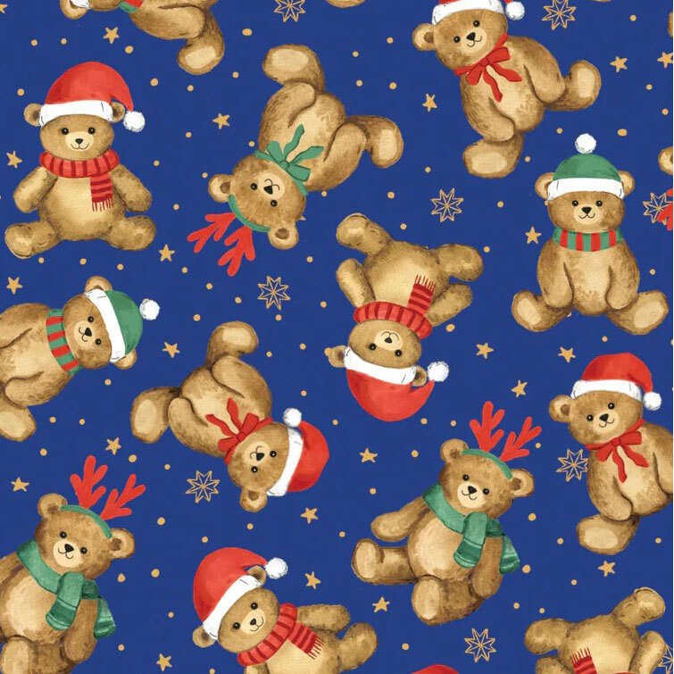 Royal blue fabric featuring seasonally dressed teddy bears with dots, stars, and snowflakes.