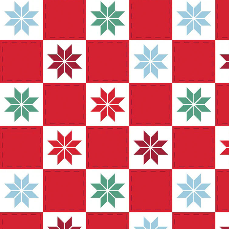 Red and white checkered fabric featuring multicolored stars and stitching details.