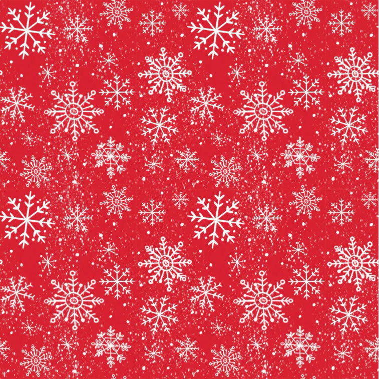 Red fabric adorned with white snowflakes in a variety of sizes and styles.