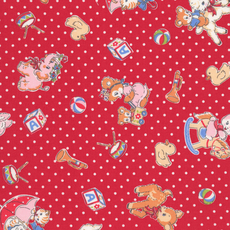 Red fabric with a vintage-inspired design of cartoon animals and other childhood motifs scattered across a background of white dots.