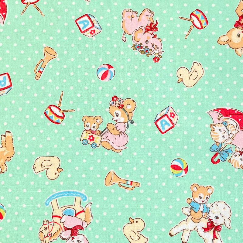Light green fabric features a vintage-inspired design of cartoon animals and other childhood motifs scattered across a background of white dots.