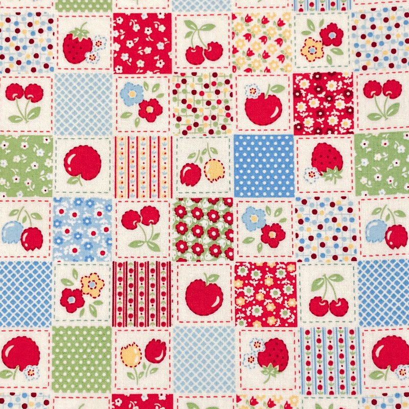 Multicolored fabric with a checkerboard pattern with vintage-style florals, fruit, calico, and primitive-inspired designs.