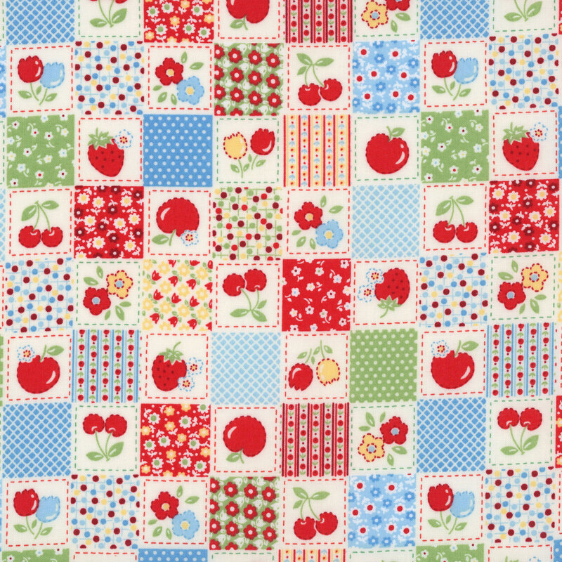 Multicolored fabric with a checkerboard pattern with vintage-style florals, fruit, calico, and primitive-inspired designs.