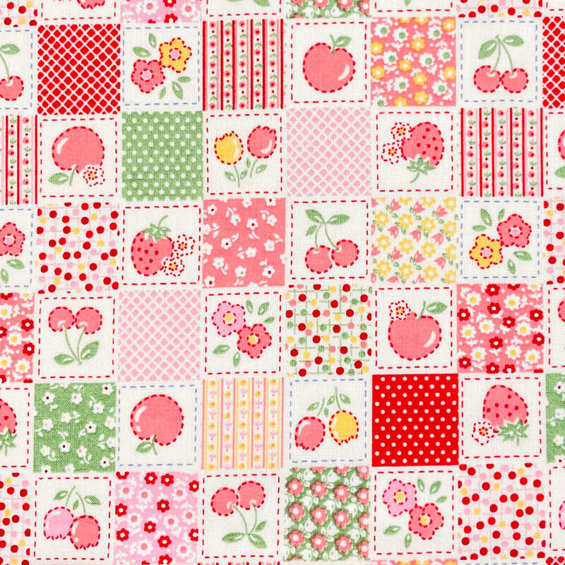 Multicolored fabric with a checkerboard pattern with vintage-style florals, fruit, calico, and primitive-inspired designs.