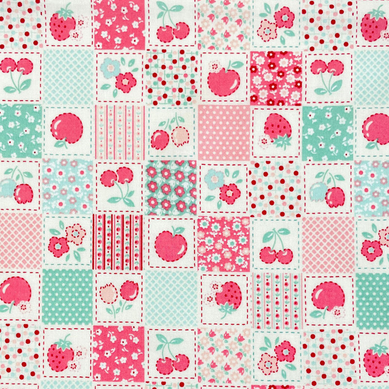 Multicolored fabric with a checkerboard pattern with vintage-style florals, fruit, calico, and primitive-inspired designs.