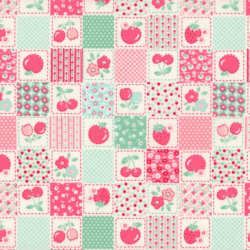 Multicolored fabric with a checkerboard pattern with vintage-style florals, fruit, calico, and primitive-inspired designs.