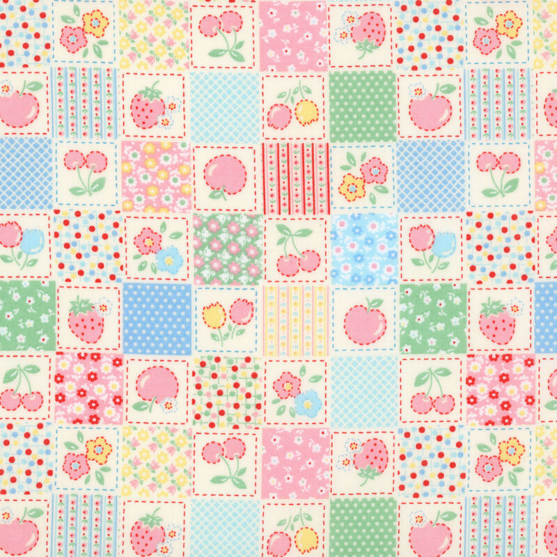 Multicolored fabric with a checkerboard pattern with vintage-style florals, fruit, calico, and primitive-inspired designs.