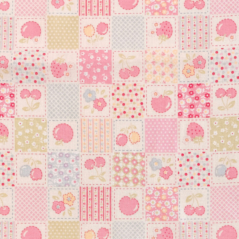 Soft white fabric with a checkerboard pattern with vintage-style florals, fruit, calico, and primitive-inspired designs.