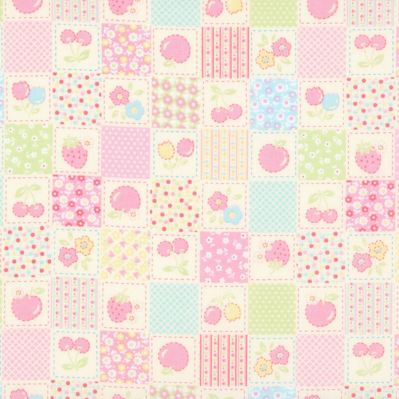 Soft white fabric with a checkerboard pattern with vintage-style florals, fruit, calico, and primitive-inspired designs.