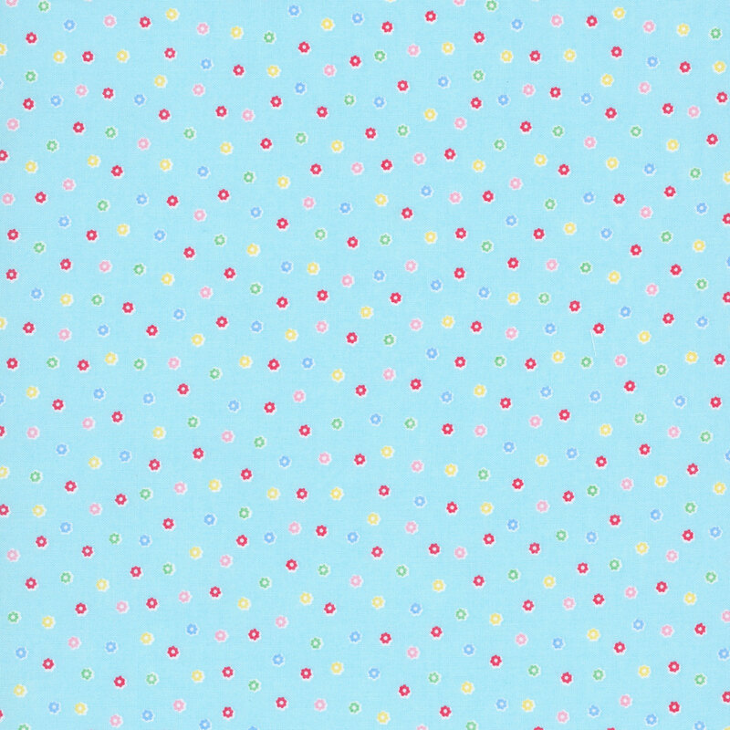 Light blue fabric with a scattered pattern of colorful flower buds.