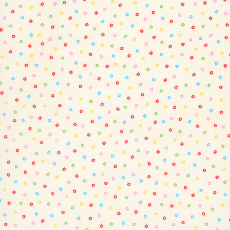 White fabric with a scattered pattern of colorful flower buds.