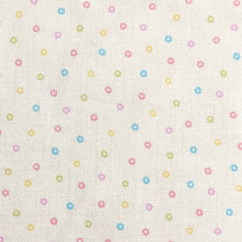 White fabric with a scattered pattern of colorful flower buds.