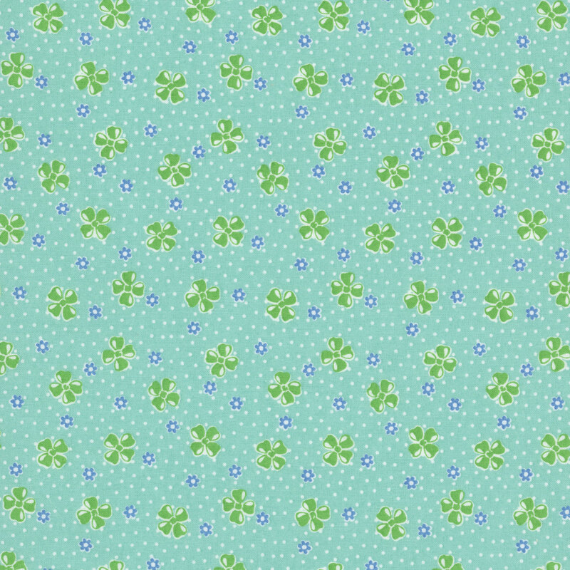 Aqua fabric with a vintage-style pattern of floral buds set against a dotted background.