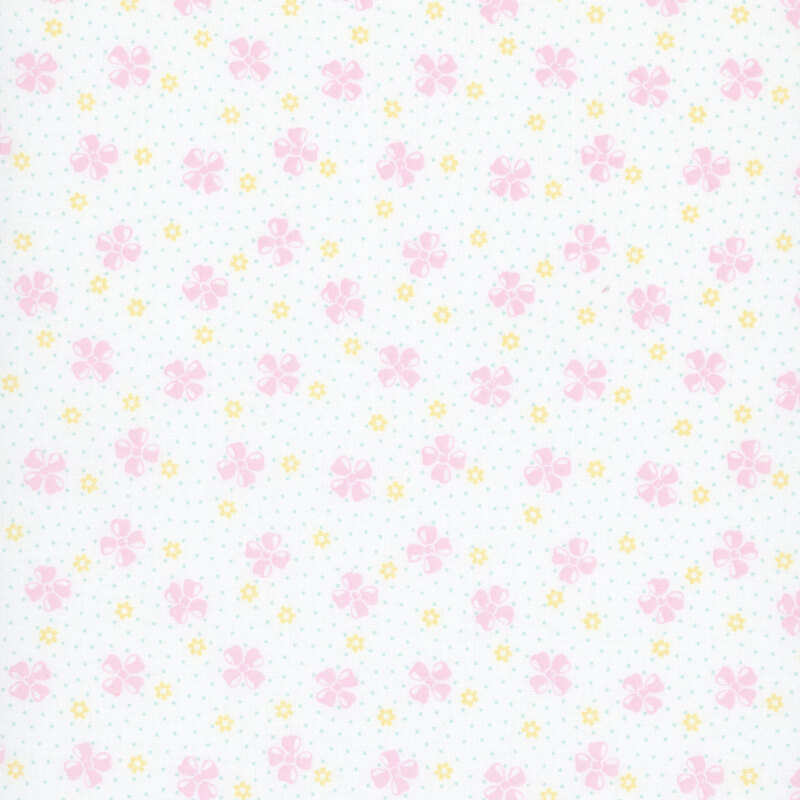 White with a vintage-style pattern of floral buds set against a dotted background.