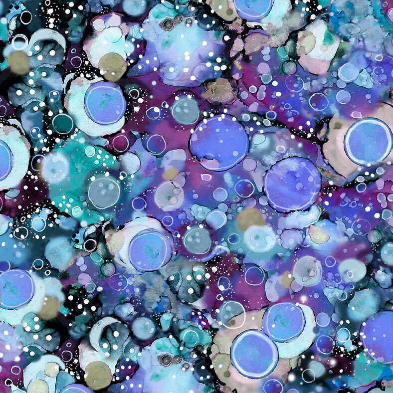 Blue and violet fabric featuring watercolor circles and dots.