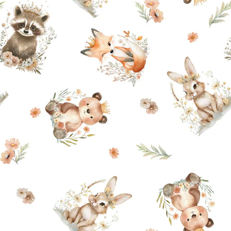 White fabric with a tossed pattern of critters including bunnies, foxes, and baby bears in soft colors with small florals and leaves