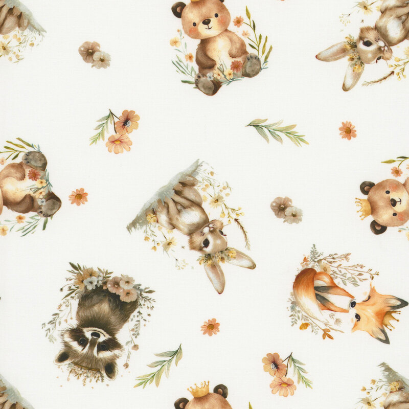 White fabric with a tossed pattern of critters including bunnies, foxes, and baby bears in soft colors with small florals and leaves