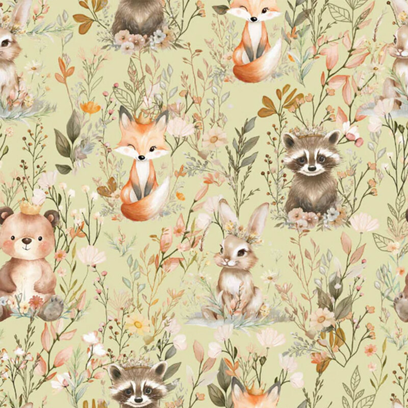 Sage green fabric with a dense pattern of leaves and desert flowers and adorable critters such as foxes, bunnies, raccoons, and baby bears in muted colors
