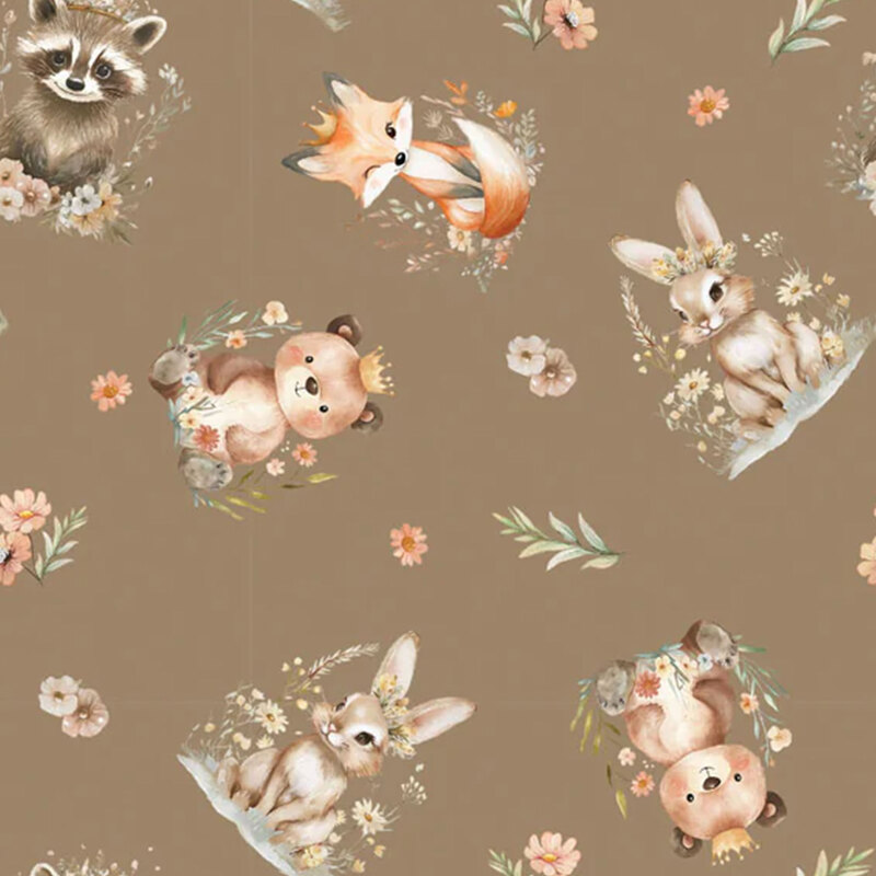Light brown fabric with a tossed pattern of critters including bunnies, foxes, and baby bears in soft colors with small florals and leaves