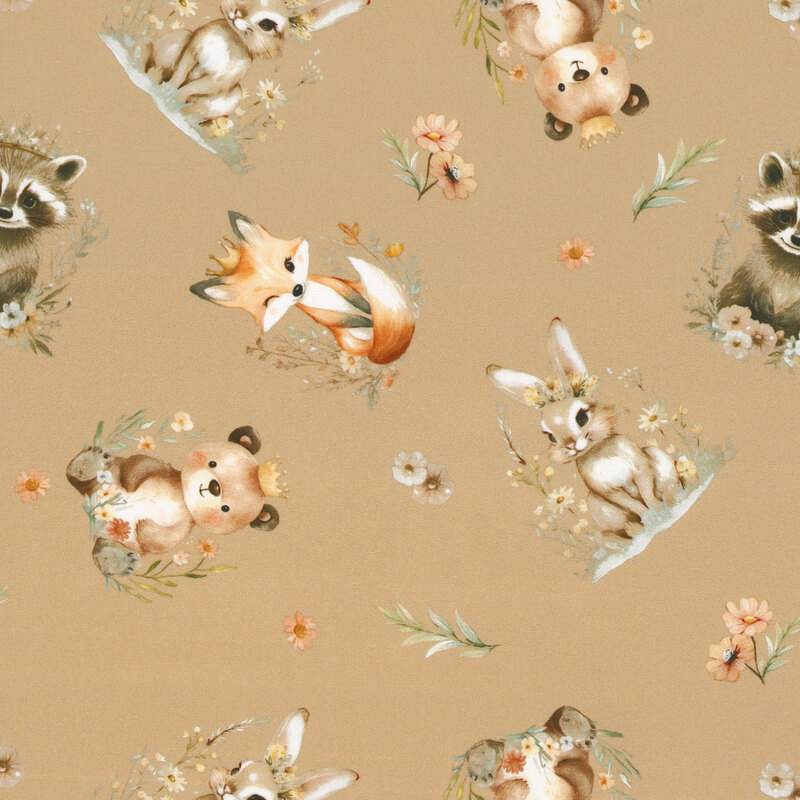 Light brown fabric with a tossed pattern of critters including bunnies, foxes, and baby bears in soft colors with small florals and leaves