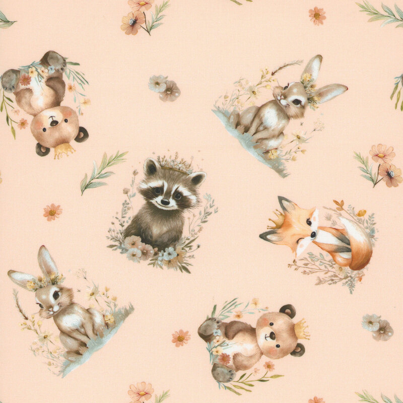 Blush pink fabric with a tossed pattern of critters including bunnies, foxes, and baby bears in soft colors with small florals and leaves