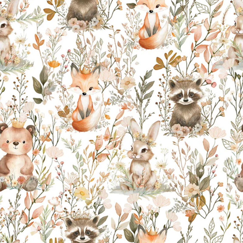 White fabric with a dense pattern of leaves and desert flowers and adorable critters such as foxes, bunnies, raccoons, and baby bears in muted colors
