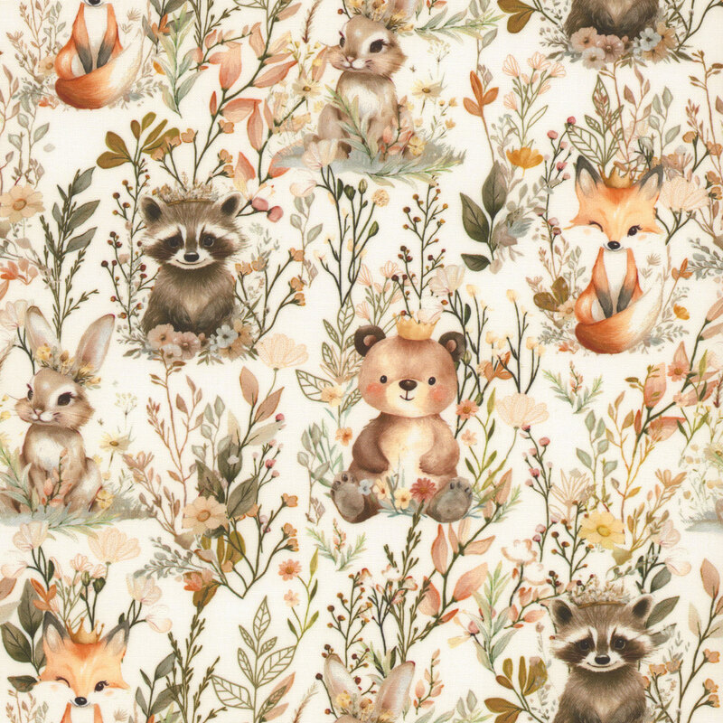 White fabric with a dense pattern of leaves and desert flowers and adorable critters such as foxes, bunnies, raccoons, and baby bears in muted colors