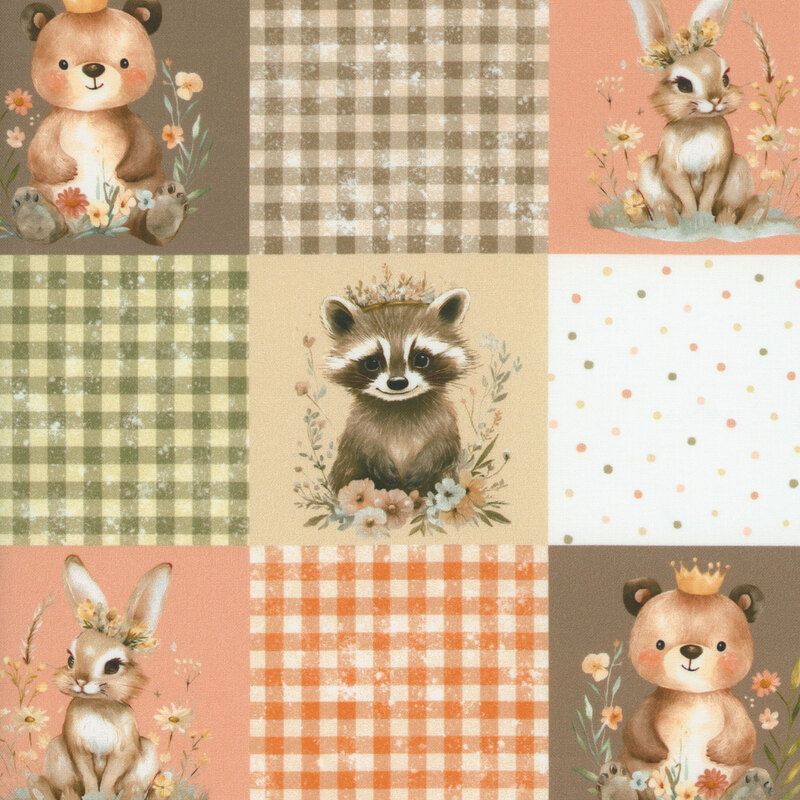 Fabric with alternating tiles of brown, green, and taupe ginghams, and woodland creatures in color blocks