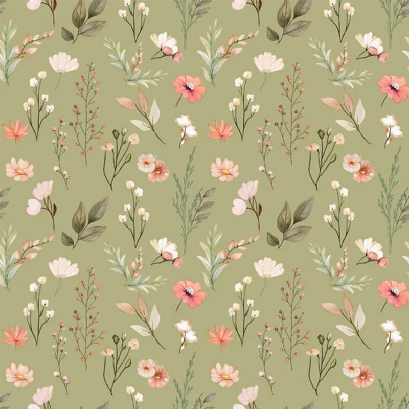 Dark sage green fabric with a pattern of leafy stems and desert flowers 