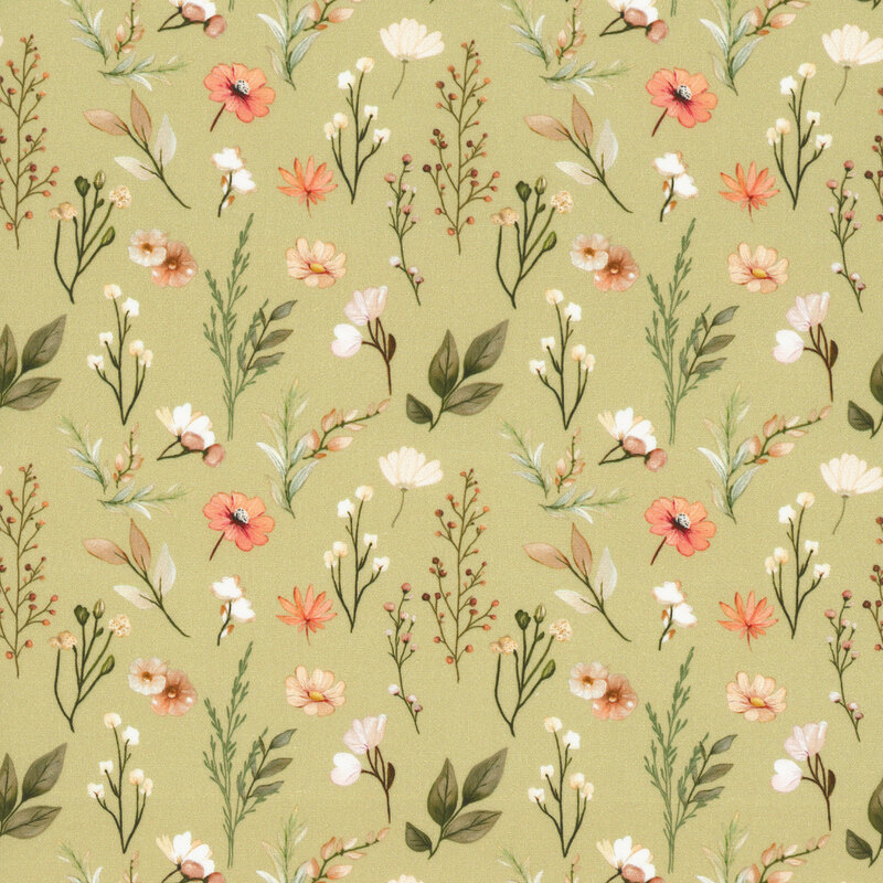 Dark sage green fabric with a pattern of leafy stems and desert flowers 